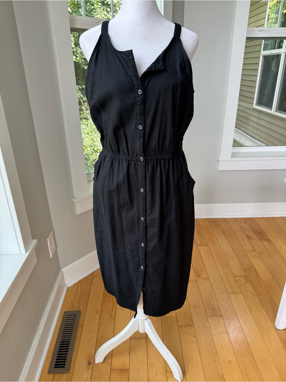Old Navy Black Button Front Linen Midi Dress Size Small
